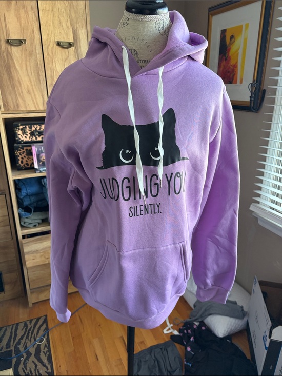 Tops - Lavender Cat Graphic Hoodie - Judging You Silently - medium